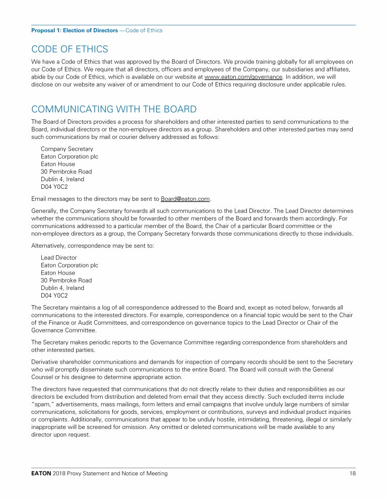 Eaton Corporation Plc 2018 Proxy Statement